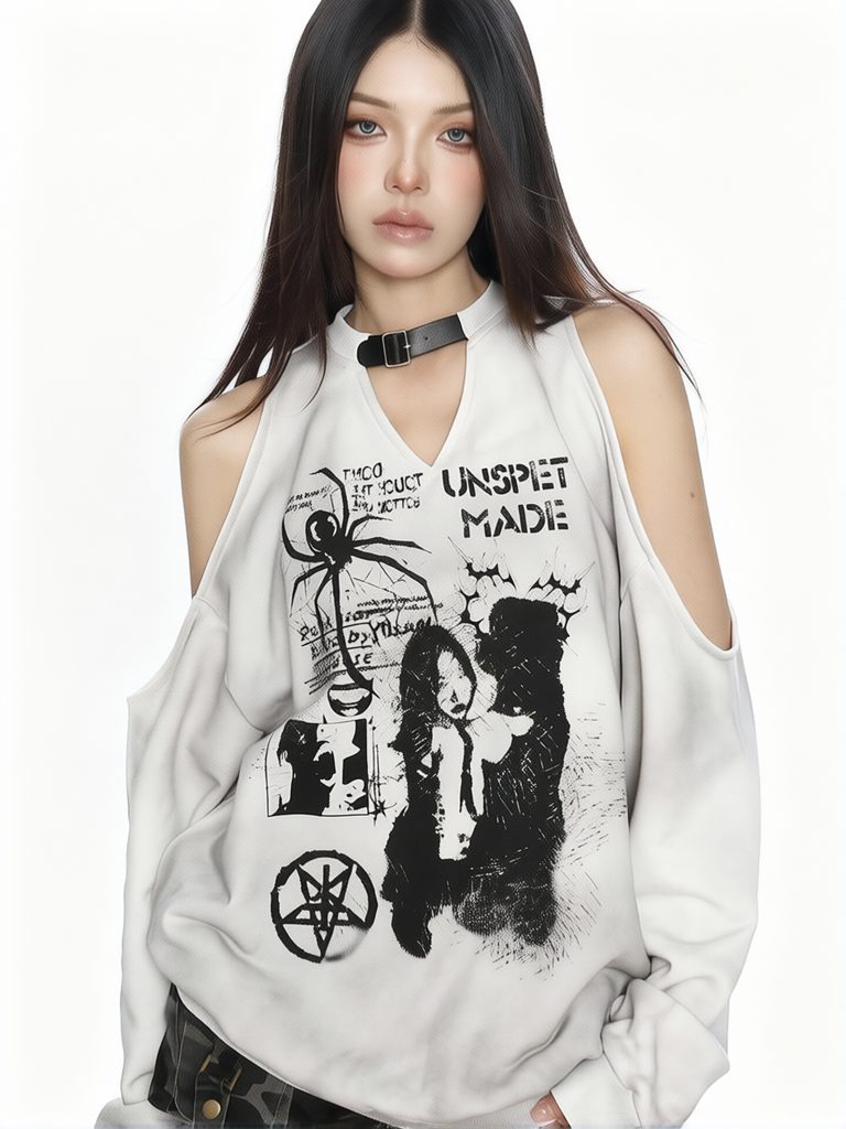 Graphic Hoodie Streetwear - بلوزة نسائية Y2k بتصميم هالتر واسع