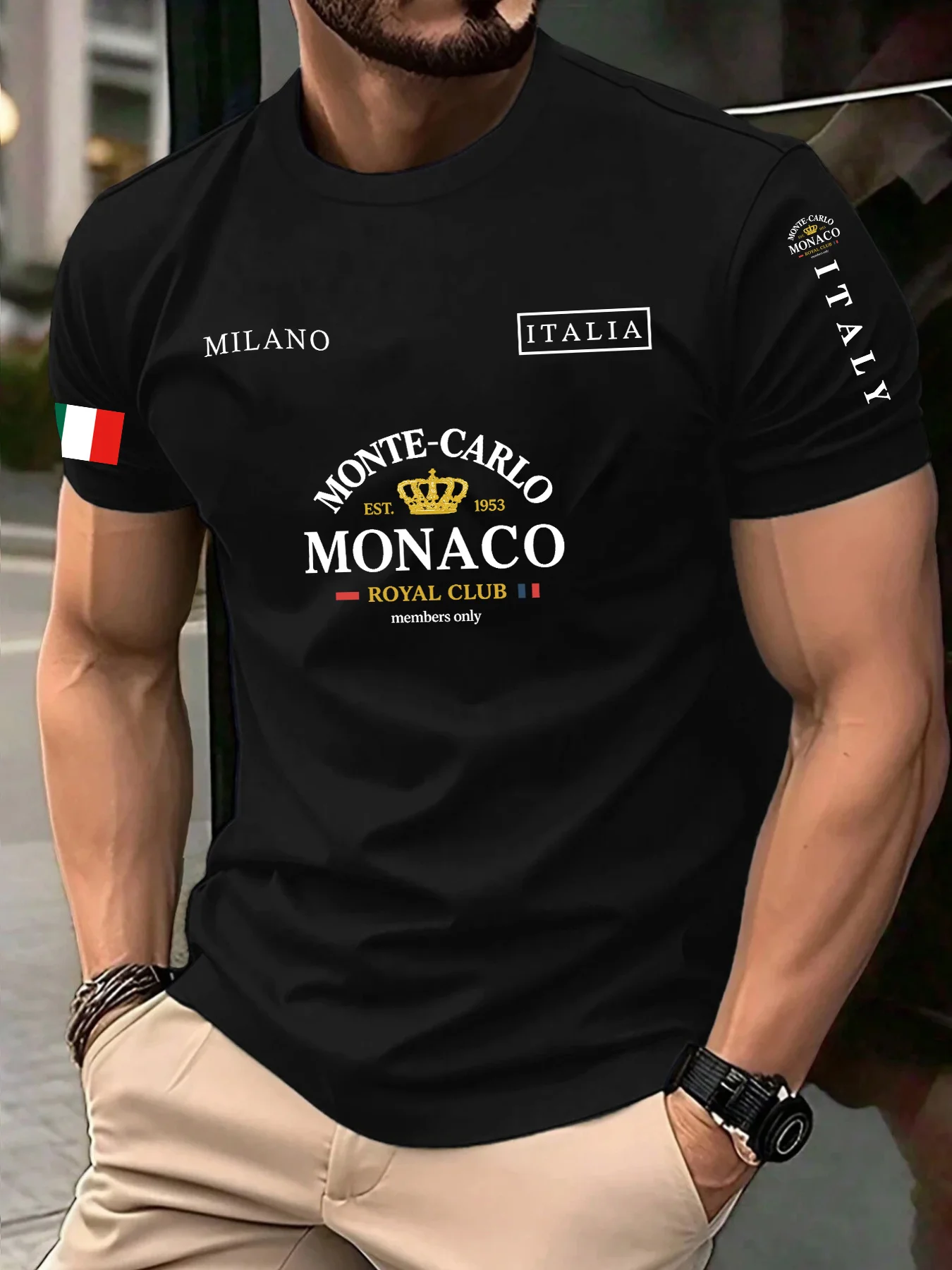Street Fashion Monaco - تي شيرت رجالي صيفي بطباعة ثلاثية